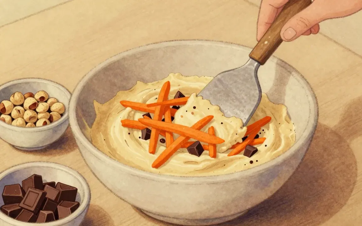 Einlagen unterheben – Rüblikuchen mit Frischkäse-Topping